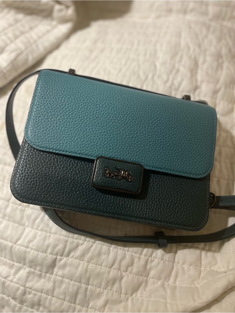 Coach Colorblock Pebbled Leather Crossbody in Teal & Dark Green